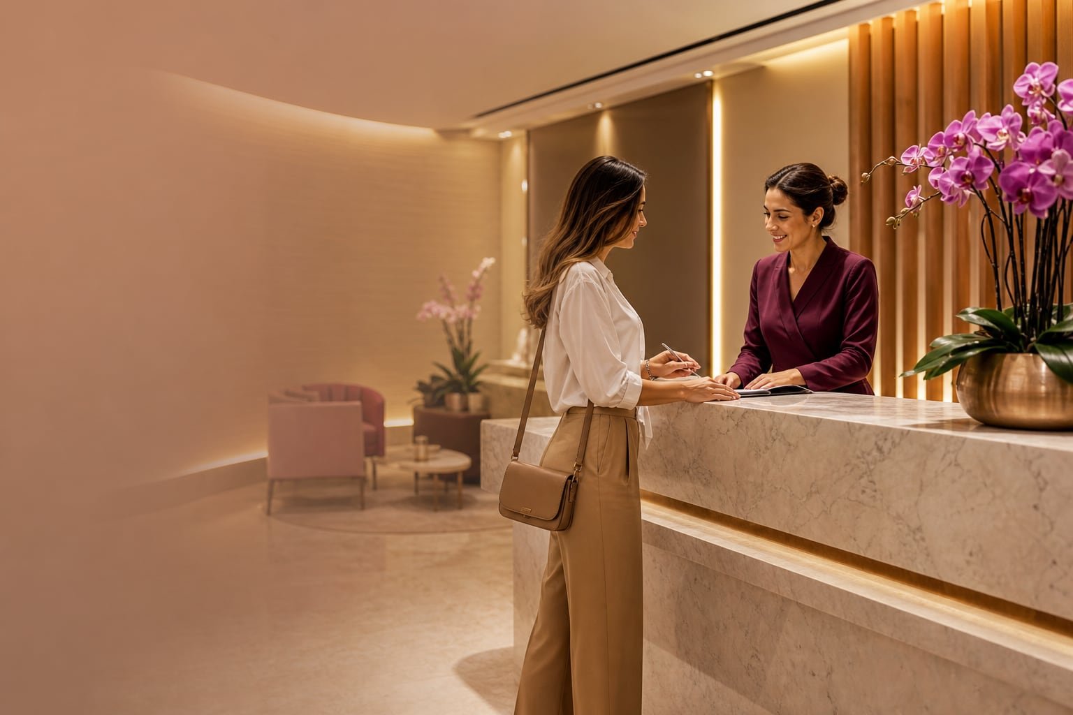 Recepcionista atendendo uma cliente na assinatura VIP Cera Pello Menos