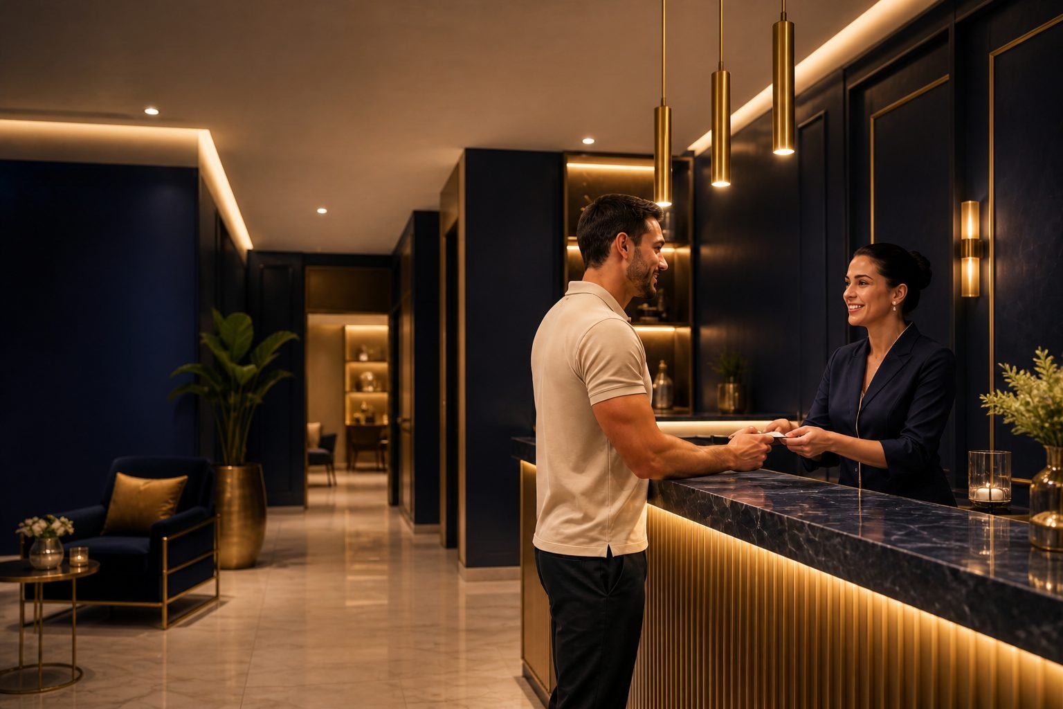 Recepcionista atendendo um cliente na assinatura VIP Cera Pello Menos