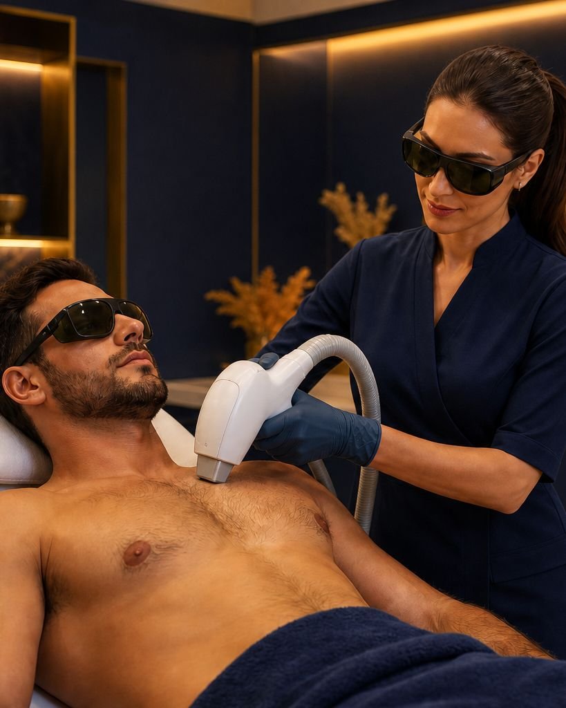 Sessão de laser masculino na clínica Pello Menos